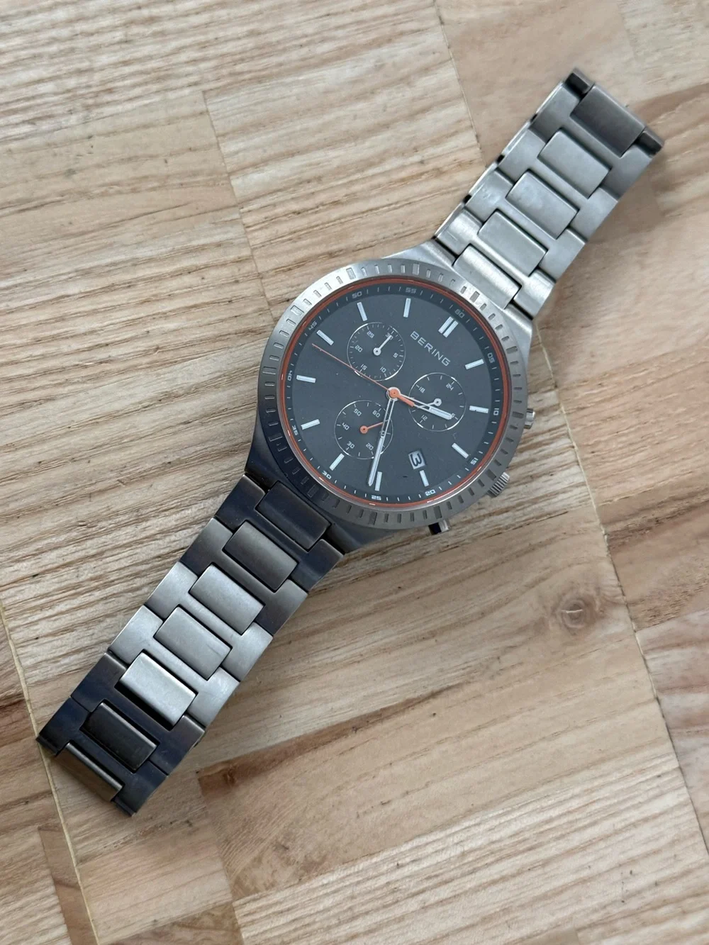 Bering Titanium Chronograph Mens Watch All Titanium Bracelet Case Black Dial
